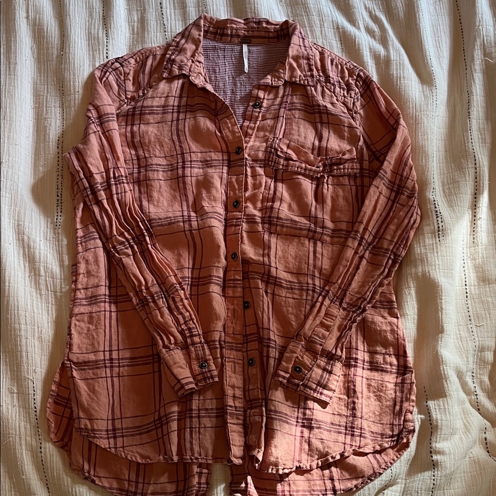 Free People Pink Plaid Button-Up Top